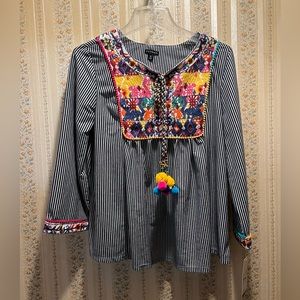 Women’s blouse, Hannah.medium. Blue, white striped with embroidery.